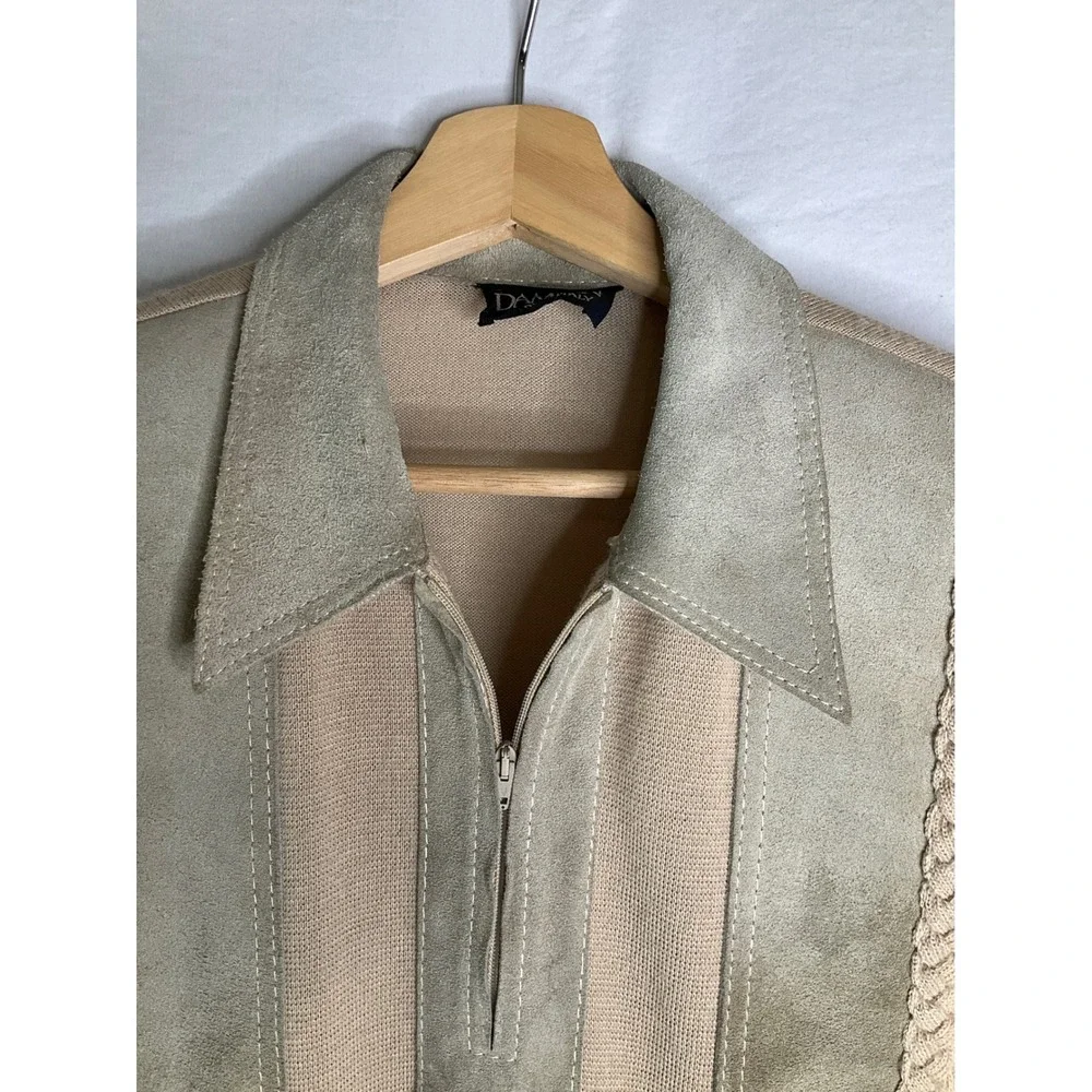 Vintage Damon Italian Wool Blend Suede Zip Up Henley Pointed Collar Sweater M